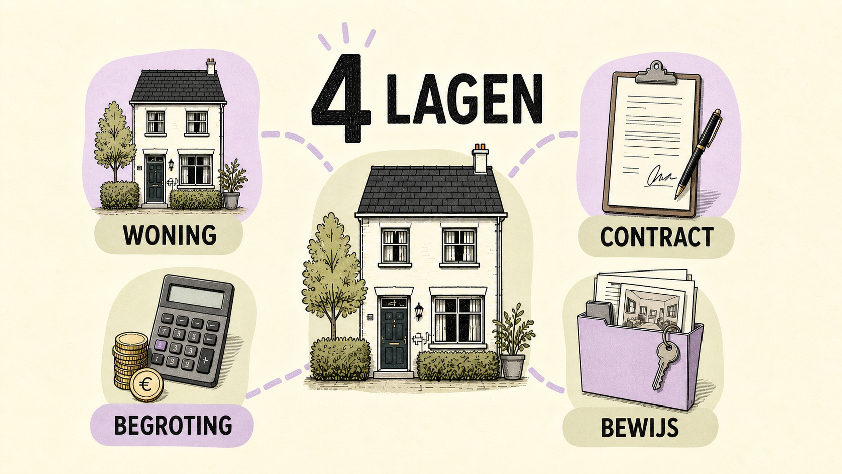 Vier lagen van een eigen woning huren: woning, contract, begroting en bewijs
